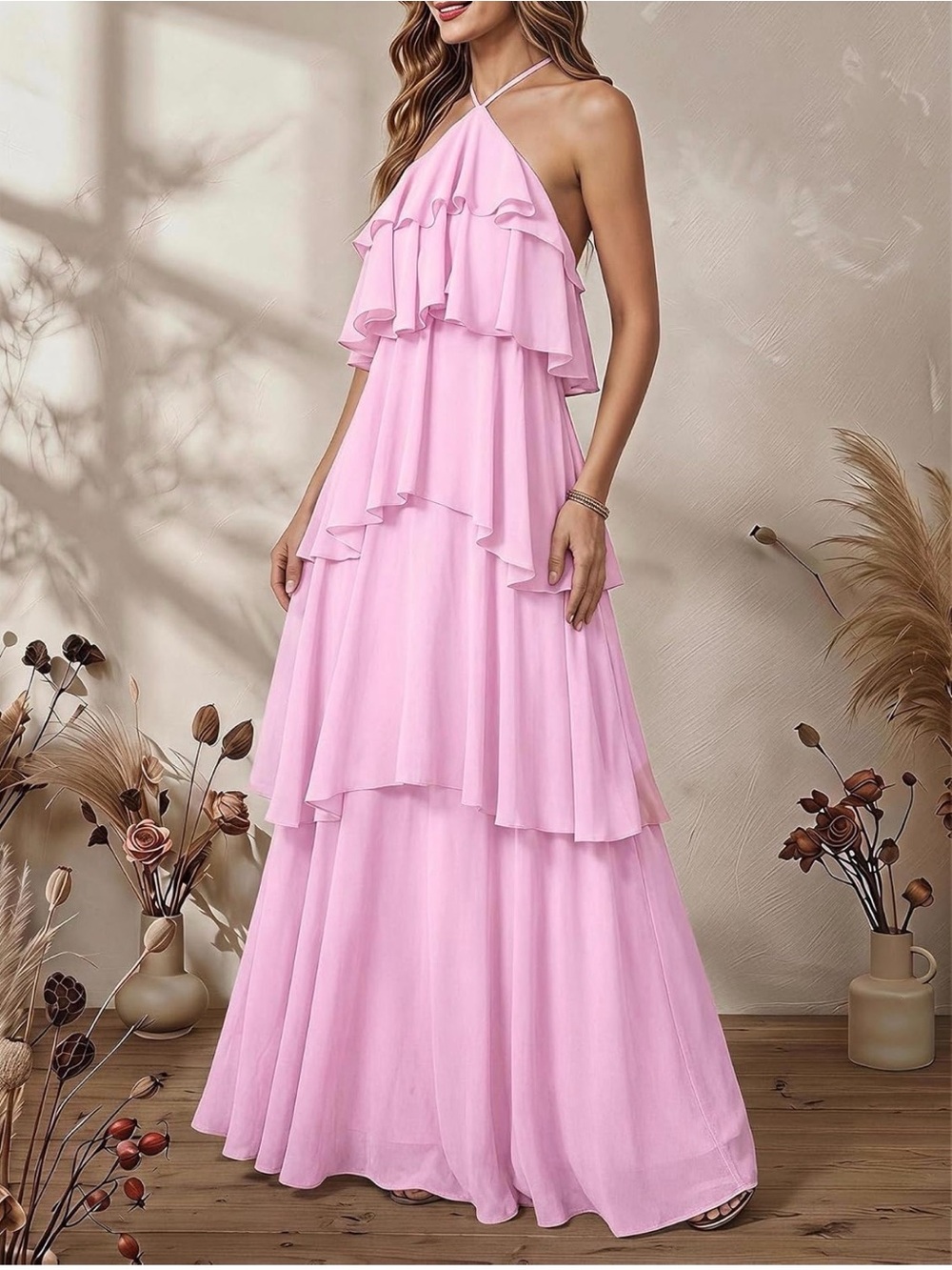 Romantic Layered Ruffle Maxi Dress in Light Pink - Picture 4 of 5
